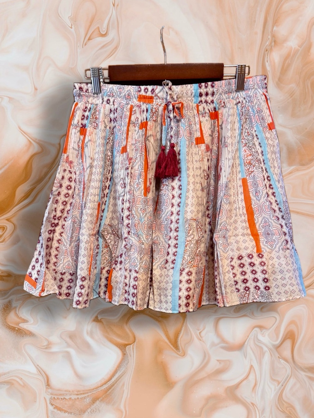 easel Boho Printed Shorts Skort in Cream, Orange, Burgundy & Light Blue